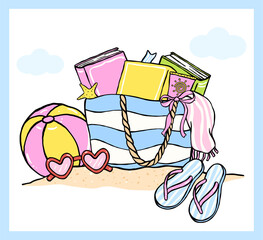 Pastel Coquette Girly Summer Beach Bookish, books in tote bag with sandal and ball on beach, Hand Drawn Doodle with Bold Lines in Vibrant Pastel Fisherman Aesthetic