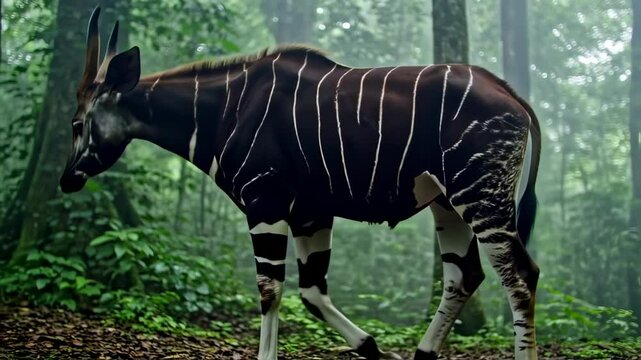 Rare Okapi with distinctive stripes in lush tropical rainforest habitat