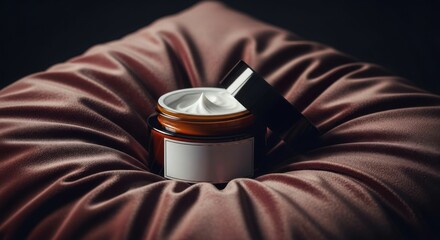 Open jar of white cream with lid on a wrinkled red fabric surface. Beauty cosmetic skin care product mockup with copy space.