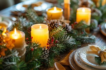 A table setting features lit candles, evergreen branches, pinecones, and decorative tableware, creating a warm and inviting atmosphere.