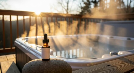 Dropper bottle mockup on a rock by a steaming hot tub at outdoor spa during sunset. Wellness and relaxation concept.