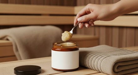 Woman taking body scrub with spoon from blank cosmetic jar. Skincare product mockup for natural beauty and spa treatment.