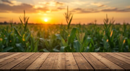 Wooden table in front of a blurred cornfield at sunset with golden light surface planks
