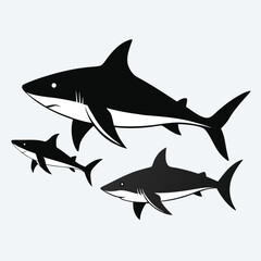 Three stylized black and white sharks swimming together in a dynamic composition showcasing their sleek forms and powerful presence in the ocean