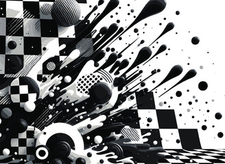 Dynamic composition featuring 3D geometric shapes, black and white contrasts, and splash patterns illustrating a modern abstract art style