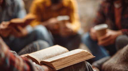 Casual groups meeting to discuss books at ease, inviting anyone to join, fostering community through relaxed literary chats.
