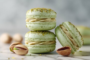 Stack of pistachio macarons with nuts and filling on a marble surface with a light background