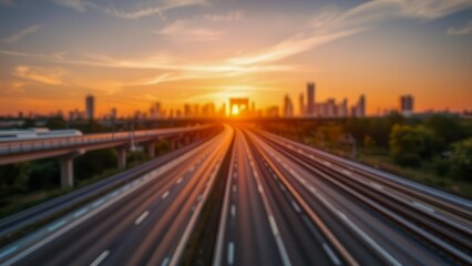 Obraz premium Blurred urban transport infrastructure at sunset creates an atmosphere of movement and urban perspective. Suitable for backgrounds or designs on a transport theme.