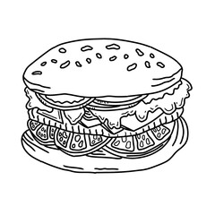 Hand drawn classic burger line art. Burger coloring page vector illustration. Burger outline vector sketch