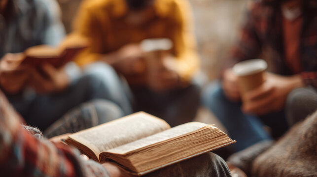 Casual groups meeting to discuss books at ease, inviting anyone to join, fostering community through relaxed literary chats.
