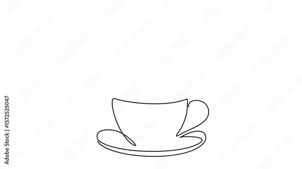 Poster animated self drawing of continuous line draw cup of tea or coffee. full length one line animation. 