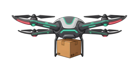 Modern Black Drone Carrying Brown Cardboard Box on Transparent Background
