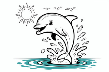 Naklejka premium Playful Dolphin's Dive: A joyous dolphin leaps gracefully from the ocean waves under the warm embrace of the sun and sky. Embracing joy and freedom, this charming scene inspires a sense of wonder.