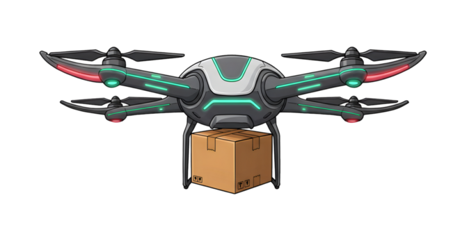 Modern Black Drone Carrying Brown Cardboard Box on Transparent Background