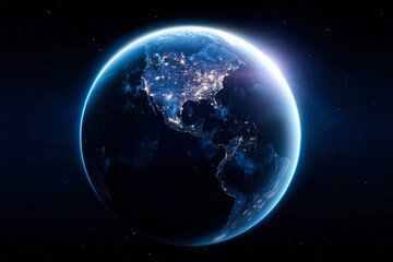 Obraz premium Stunning 3D render of planet Earth from space highlighting city lights across continents