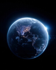 Obraz premium Planet Earth rendered from space showcasing glowing city lights over America and Scandinavia