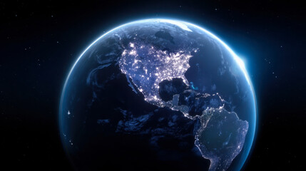 Fototapeta premium 3D render of Earth from space showcasing city lights over America and Scandinavia at night