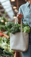 Fresh organic vegetables in tote bag at farm market celebrating rural lifestyle and sustainable living