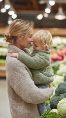 Mother embraces child in organic market while choosing fresh vegetables that promote a sustainable lifestyle
