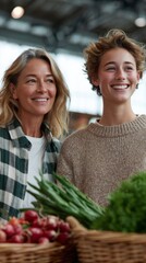 Two joyful women holding fresh vegetables in a rural market, celebrating farm-to-table living and sustainable practices