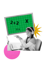 Poster 3d pop poster art collage of happy teenage girl sit workplace laptop wear headphones artificial intelligence app courses