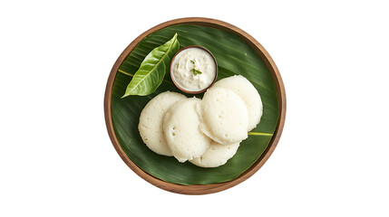 Idli with coconut chutney on banana leaf isolated on transparent background