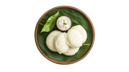 Idli with coconut chutney on banana leaf isolated on transparent background