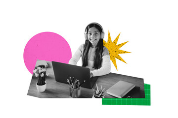 3d poster image full pop art collage of happy teenage girl sit workplace elearn digital courses school education concept ai