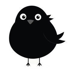 Simple black silhouette of a cute round bird with a large eye and small feet perfect for graphics and icons