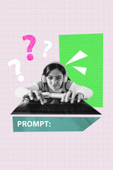 Poster image artwork pop collage of minded schoolgirl type keypad artificial intelligence prompt...