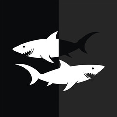 Two striking white shark silhouettes one above the other set against a stark black and white background symbolizing duality and power