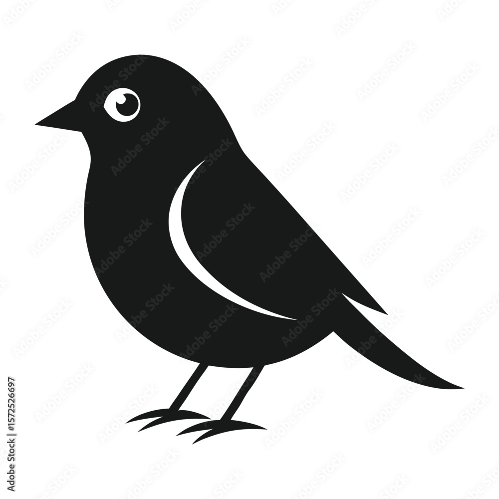 Poster simple black silhouette of a small bird with stylized feathers and a pointed beak on a white backgro