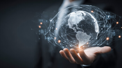 Businessman showcases digital Earth hologram representing global connectivity and technology trends