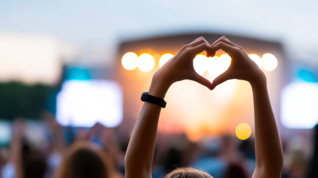 Concertgoers create heart shapes with hands during a beachside music festival at sunset - Powered by Adobe