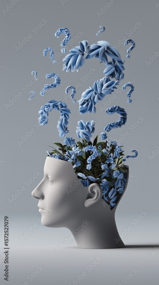 Poster conceptual representation of curiosity and creativity with flowers and questions emerging from a hea