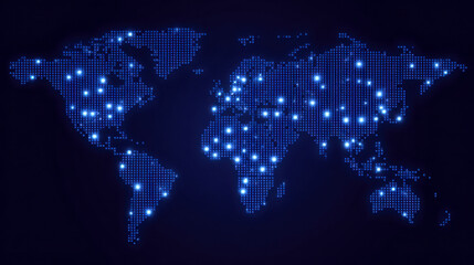 Dark blue digital world map with glowing dots creating a global network of cities