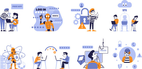 Vector flat illustrations about online threats and data protection. Cybersecurity concept for personal and public safety.