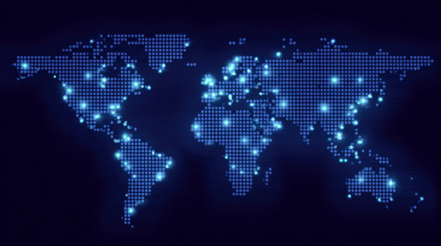Digital world map with glowing lines connecting cities in a futuristic setting - Powered by Adobe