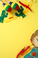 Festive Mexican flat lay with colorful maracas, chili peppers, cactus and sombrero garland, guitar,...