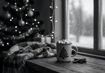 Cozy Christmas Morning Scene with Hot Cocoa, Frosted Window, and Holiday Lights in Warm Rustic Setting
