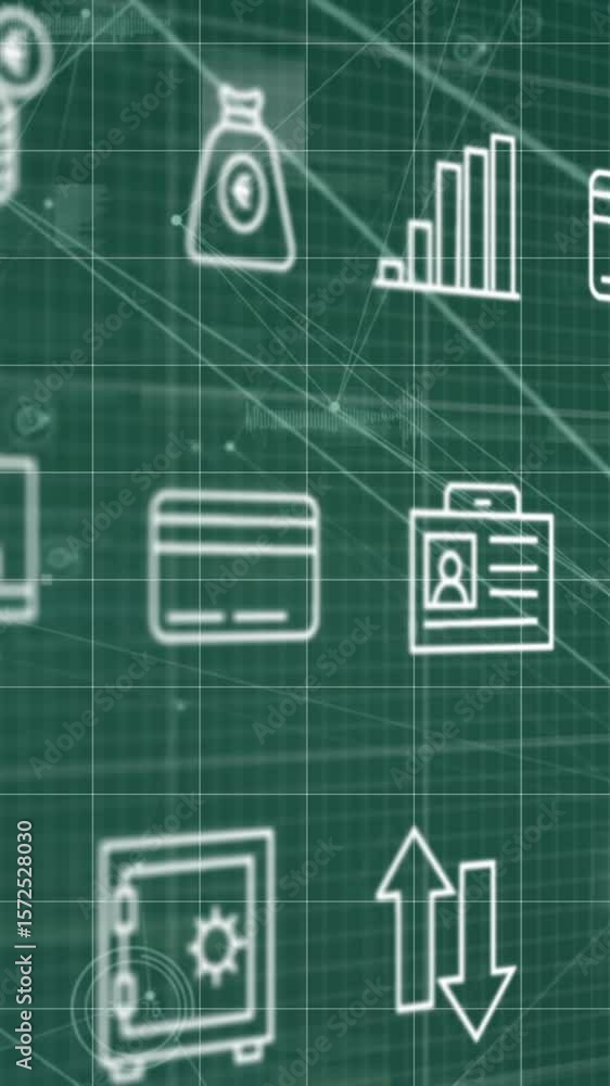 Poster animation of icons over network of connections and data processing
