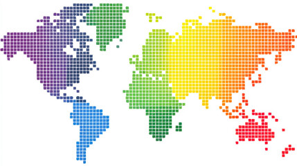 Vibrant rainbow-colored pixel art world map with minimalist design against white background