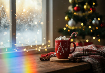Cozy Christmas Morning Scene with Hot Cocoa, Frosted Window, and Holiday Lights in Warm Rustic Setting