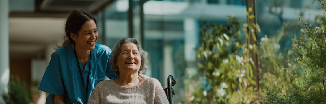 Compassionate Nurse Embracing Senior Patient in Care Facility, Copy Space.