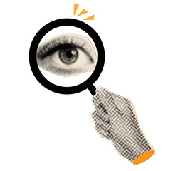 Magnifying glass in hand with halftone female eye inside,search concept,trendy collage elements,investigating, detectives, looking for a solution, looking for an answer