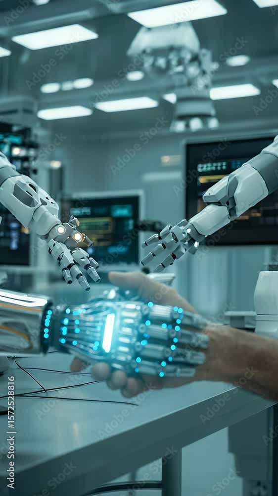 Poster human-robot collaboration: a futuristic image depicting a human hand shaking a robotic hand, symboli