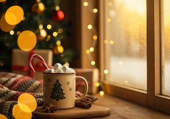 Cozy Christmas Morning Scene with Hot Cocoa, Frosted Window, and Holiday Lights in Warm Rustic Setting