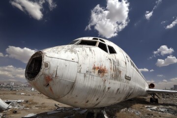 Weathered Airplane Remains Underneath The Cloudy Sky