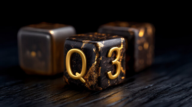 Close up image of wooden cubes with alphabet Q3 on office desk. Third quarter concept. A macro photograph showcasing wooden blocks displaying the letter q and the number three