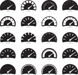 Varied Speedometer Designs Depicting Speed and Measurement Concepts in Black and White Minimalist Style for Infographics and Presentations